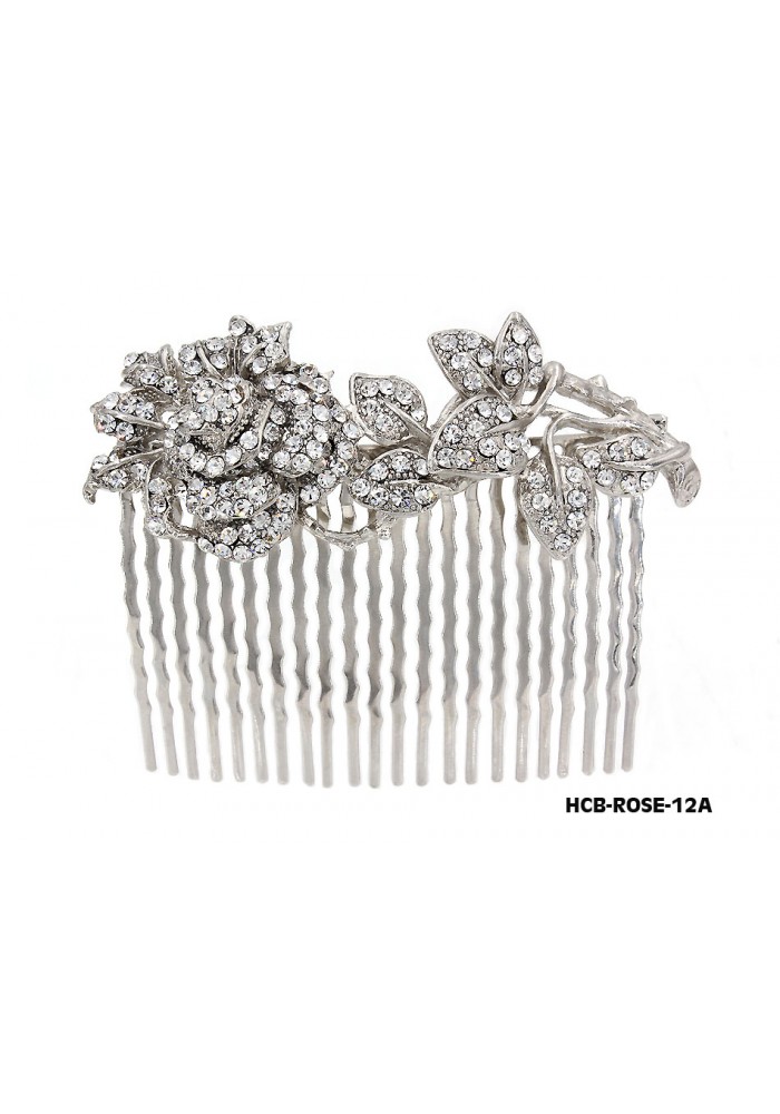Wedding Hair Comb – Bridal Hair Combs & Clips w/ Austrian Crystal Stones Rose on Stem - HCB-ROSE-12A